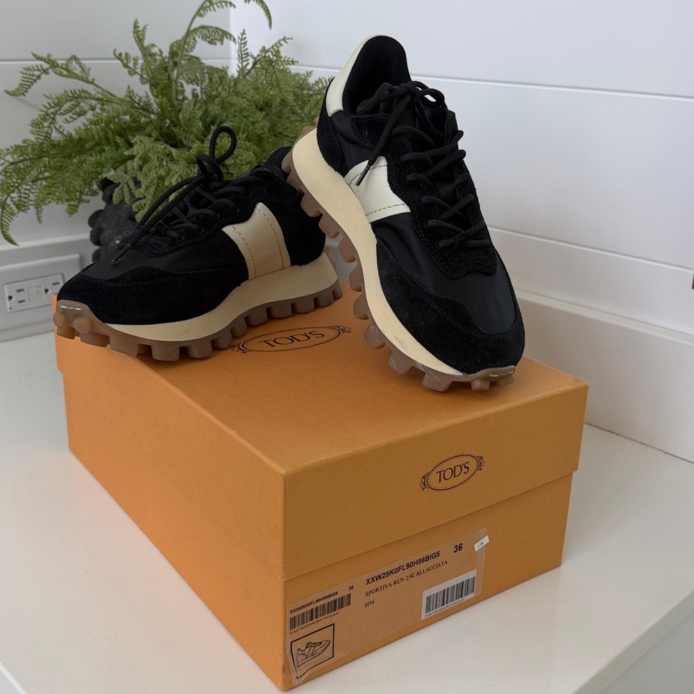 Tod's Black and cream Sneakers with Beige Sole. Wore once, dust bag and box.